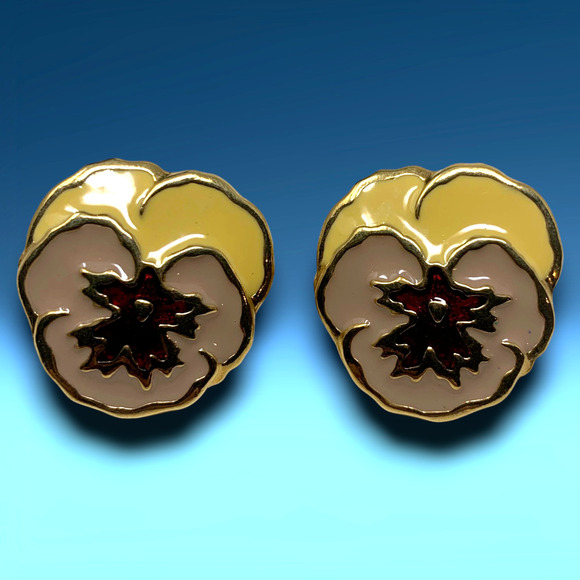 Vintage 1980's Pansy Enamel & Gold Tone Floral Pierced Earrings Spring Cheerful - Picture 1 of 5
